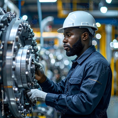 Focused African American engineer in hard hat inspects industrial machinery in a modern factory setting.