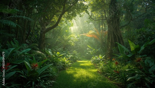 Lush tropical botanical garden with a tree-bordered pathway, suitable for outdoor recreation and ecological study