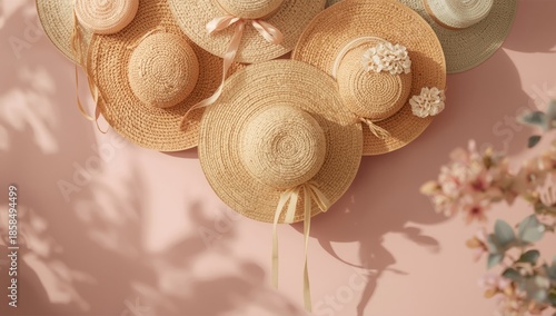 Pastel-colored wall with summer hats, interior decor featuring basketwork hat for aesthetic appeal, seasonal style