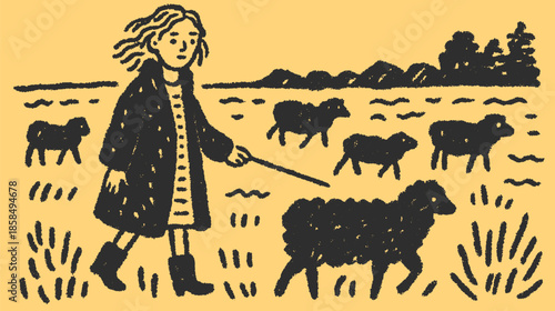 Girl with sheep in a rural field. Simple vector illustration featuring a stylized character and herd against a yellow background.