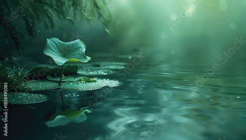 Lotus leaf placed on a weed, mirrored in water, used as a background or water-themed layout, Earth Day