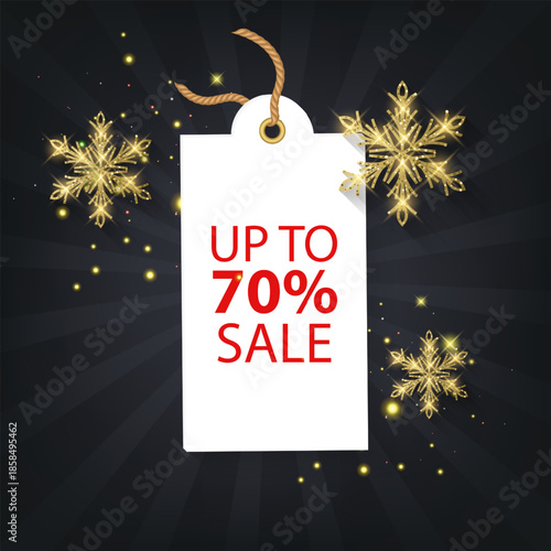Christmas and Winter sale vector banner template. A white price tag hanging on a rope with "UP TO SALE" The design features elegant golden glittering snowflakes and shimmering light particles on a dar