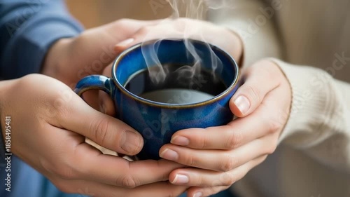 close-up of two hands gently holding a single, shared cup of hot steaming coffee, steam slowly rising 