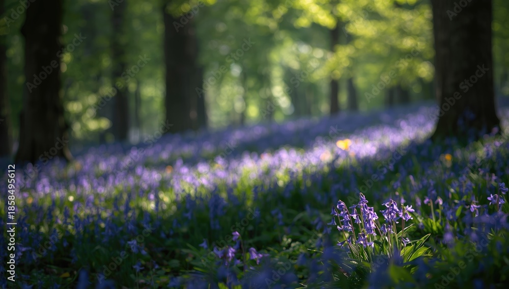 Obraz premium Serene bluebell forest during spring, suitable as a background for nature-themed layouts