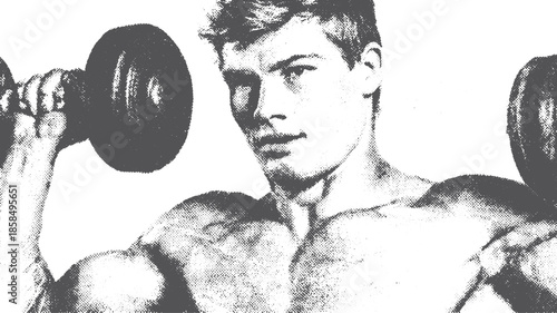 Man lifting weights in a muscular pose. Black and white vector illustration showcasing fitness and strength training in an isolated setting.