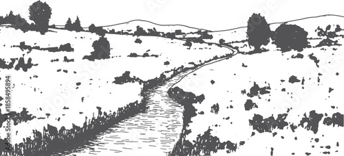 Black and white landscape vector illustration featuring a winding river, hills, trees, and fields. A simple, dramatic art set showcasing natural scenery.
