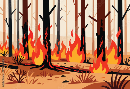 Stylized forest ablaze with vibrant flames engulfing trees and underbrush