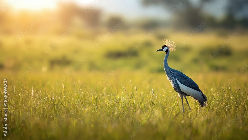 Fototapeta premium Graceful blue crane wading through shallow water, illustrating habitat preservation and bird behavior during migration