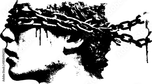 Face silhouette with braided chains. Black and white vector illustration featuring a striking profile and fine lines.