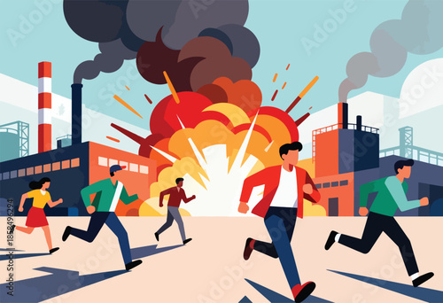 People fleeing an industrial explosion and smog-filled sky