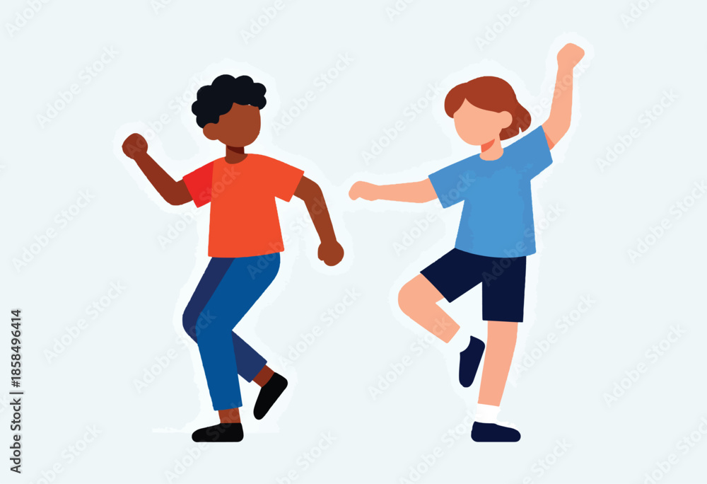 Fototapeta premium Two children, diverse in skin tone, joyfully dancing or celebrating with raised arms