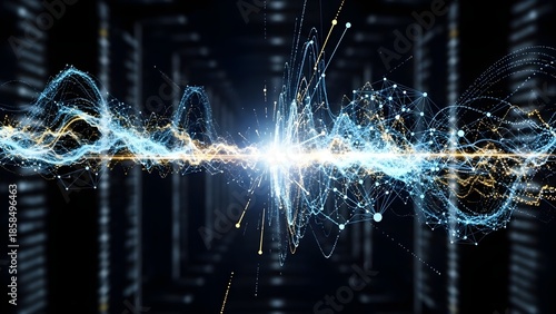 Data Stream Explosion: Futuristic Network Connection with Glowing Particles, Digital Waveform, Server Room Background, Bright Light Effects, 3D Render