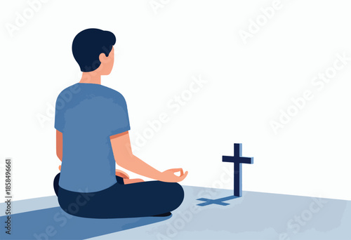 Person meditating facing a cross with shadow