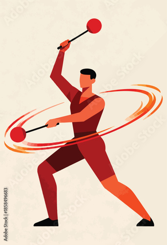 Male athlete performs rhythmic gymnastics with red maces, motion blur effect