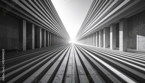 Abstract Minimalist View Of Parallel Metal Bars Casting Strong Geometric Shadows, black and white photograph showcasing an abstract view of a modern concrete structure. Repetitive vertical columns