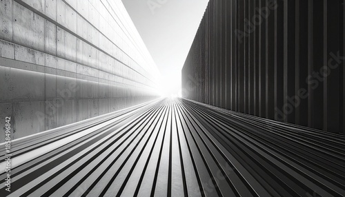Abstract Minimalist View Of Parallel Metal Bars Casting Strong Geometric Shadows, black and white photograph showcasing an abstract view of a modern concrete structure. Repetitive vertical columns