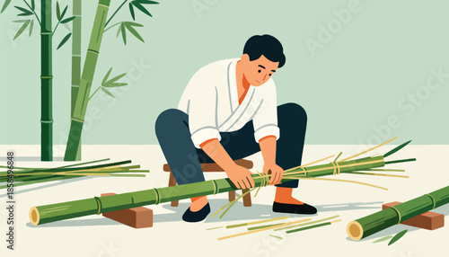 Man bundles bamboo stalks near a grove, preparing materials