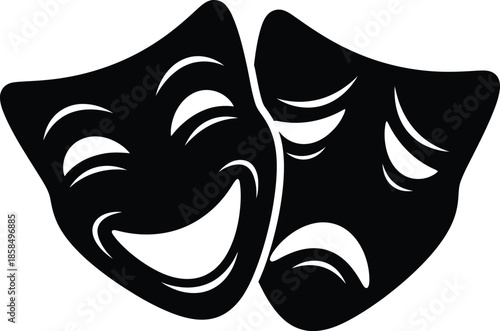 Cartoon illustration of black theater masks featuring the iconic comedy smile and sad tragedy face as a vector symbol for drama and carnival art