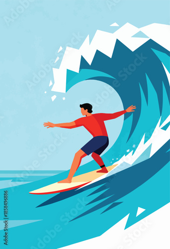 Surfer rides a large, stylized blue wave against a light blue sky