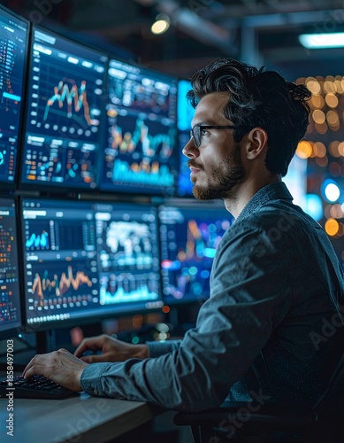 Focused Male Trader Analyzing Stock Market Data on Multiple Screens in a Dark Office.