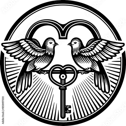 Love Birds with Key in Circle – Vector Art for Romance, Mystery & Symbolic Design

