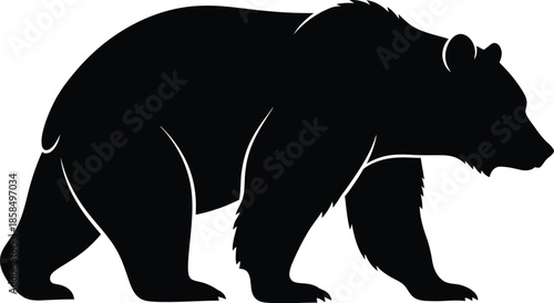 A black vector illustration of a wild elephant silhouette stands alongside a cartoon bear and rhino in this nature safari wildlife drawing