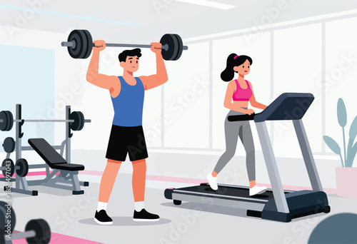 Man lifts weights while woman runs on treadmill in a modern gym
