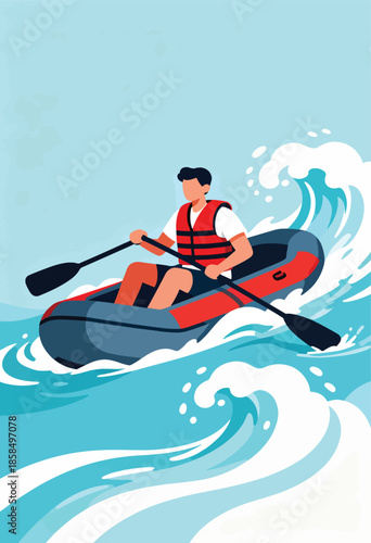 Person in raft navigating turbulent blue waves with paddles