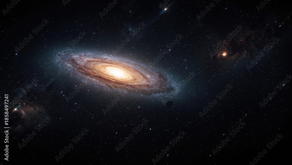 Fototapeta premium Cosmic panorama showing galaxies, stars, comet, asteroid, meteorite, nebula for space travel visualization