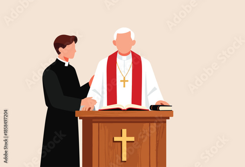 Two clergy members stand at a wooden podium with religious texts, one supporting the other