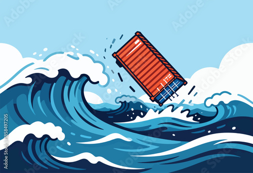 Orange shipping container falling into a stormy blue ocean with large waves
