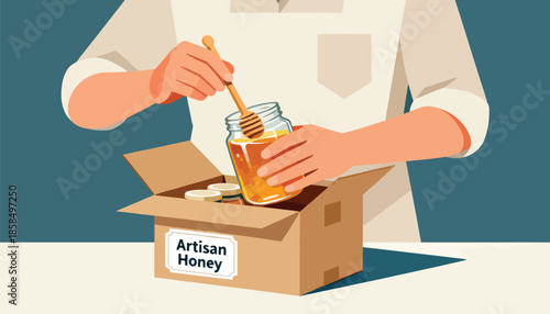 Hands placing jar of honey with wooden dipper into box