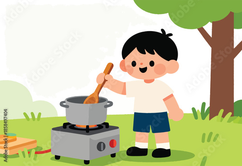 Cute child stirring pot on camping stove in nature