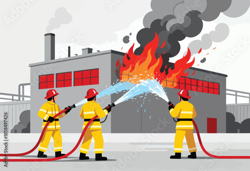 Firefighters combat raging flames engulfing an industrial building