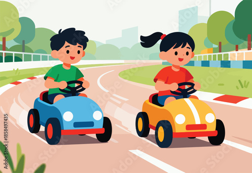Two cheerful children race in colorful go-karts on a track surrounded by trees and barriers