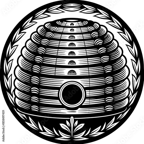 Beehive with Leafy Wreath – Vector Art for Nature, Organic & Eco Design

