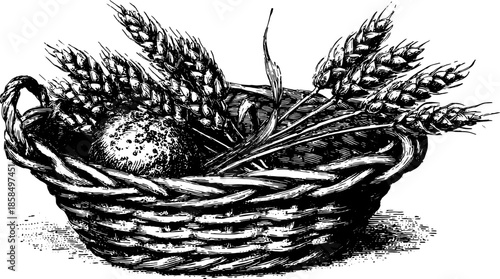 Vintage engraving of a basket with wheat and an egg. This vector illustration captures agricultural themes in a classic, detailed style.