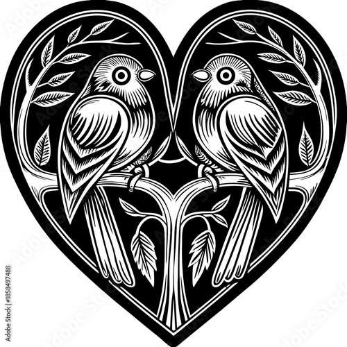 Love Birds in Heart Frame – Vector Art for Romance, Wedding & Nature Design

