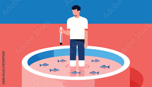 Person in a circular pool with fish and thermometer