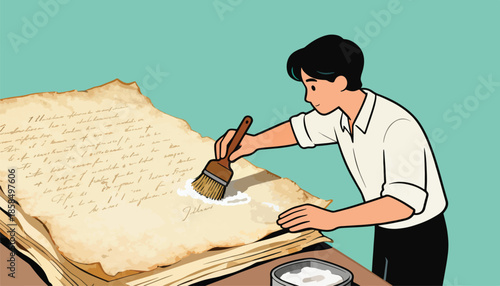 Young person meticulously cleaning aged documents with a brush and paste