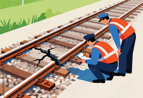 Inspectors examine damaged railroad tracks for repairs