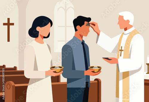 A clergy member applies ashes to a man's forehead during a church ceremony
