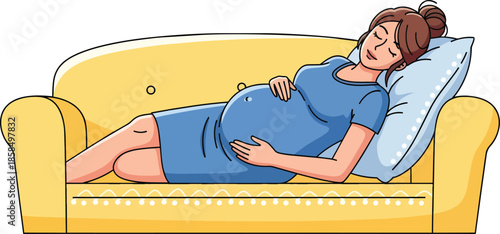Pregnant Woman Resting on Yellow Sofa.