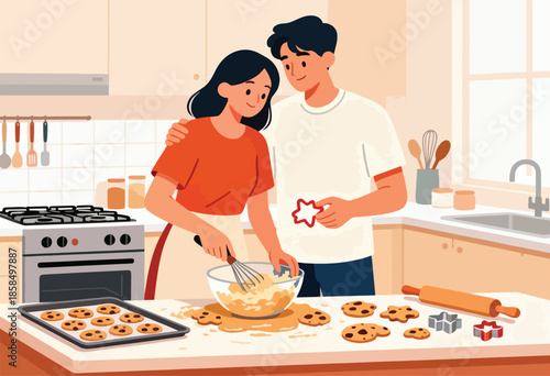 Couple baking cookies together in a cozy kitchen, one whisking batter, other holding cutter