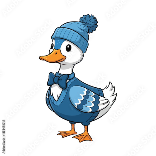 Cartoon duck wearing blue winter hat and scarf.