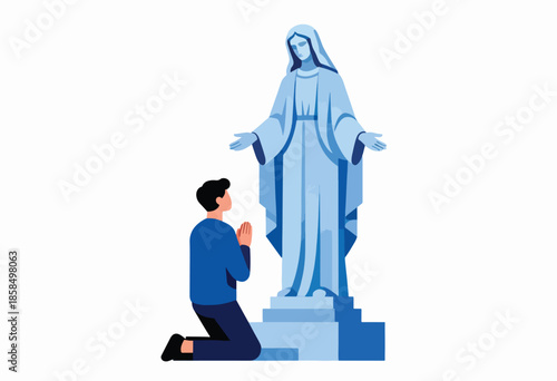 A man kneels in prayer before a serene statue of a robed figure, white background