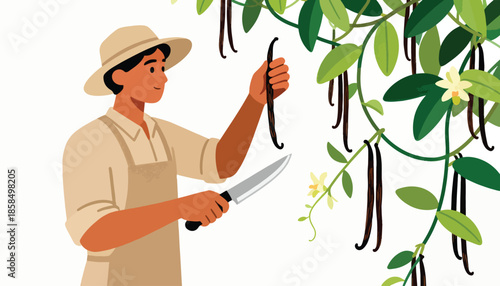 Farmer harvesting vanilla pods with a knife near a blooming vine