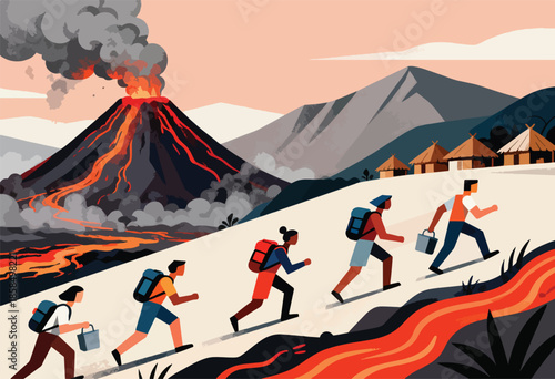 Hikers ascend a path with an erupting volcano spewing smoke and lava behind them