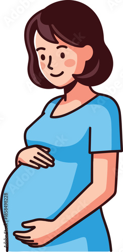 Pregnant Woman Holding Belly Cartoon Illustration.