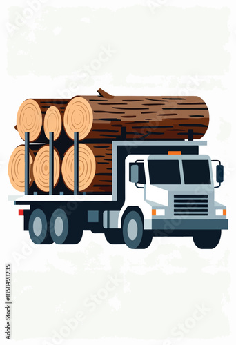 Flat illustration of a white truck hauling large wooden logs